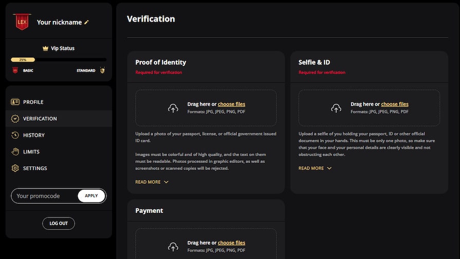 Verification in casino lex