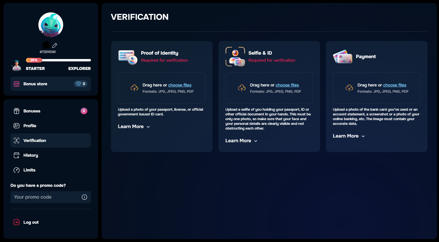 Verification in casino gizbo