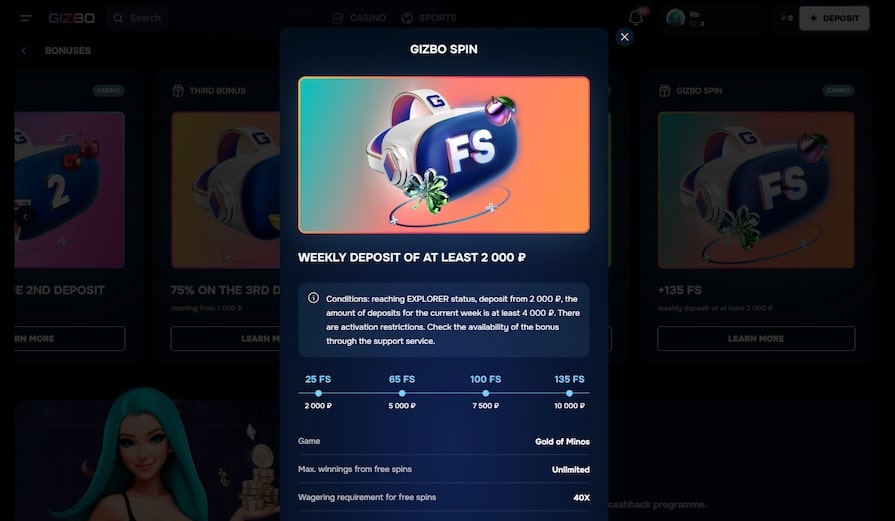 Weekly bonus Gizbo Cash